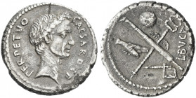 Roman Republic. 
C. Iulius Caesar with L. Aemilius Buca. Denarius 44, AR 3.75 g. CAESAR·DICT – PERPETVO Wreathed head of Caesar r. Rev. Fasces and ca...