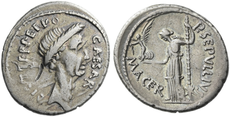 Roman Republic. 
Iulius Caesar and P. Sepullius Macer. Denarius 44, AR 3.94 g. ...
