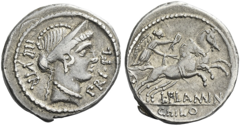 Roman Republic. 
L. Flaminius Chilo. Denarius 43, AR 4.13 g. IIII·VIR – PRI·FL ...