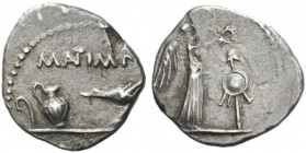 Roman Republic. 
Marcus Antonius. Quinarius, Gallia Transalpina 43, AR 1.76 g. M ANT (ligate) IMP Lituus, jug and raven. Rev. Victory crowning trophy...