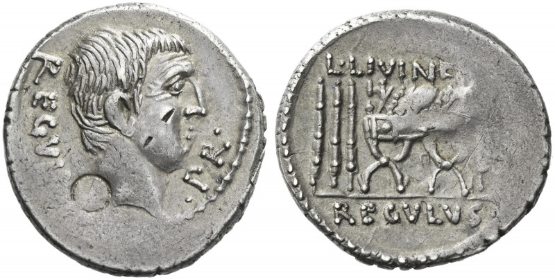 Roman Republic. 
L. Livineius Regulus. Denarius 42, AR 3.68 g. REGVL[VS]·PR. He...