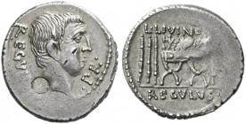 Roman Republic. 
L. Livineius Regulus. Denarius 42, AR 3.68 g. REGVL[VS]·PR. Head of L. Regulus r. Rev. L·LIVINE[IVS] Curule chair; on either side, t...