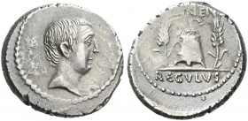 Roman Republic.
L. Livineius Regulus. Denarius 42, AR 3.74 g. Head of L. Regulus r. Rev. [L·LIVI]NEIVS Modius between two corn ears; in exergue, REGV...