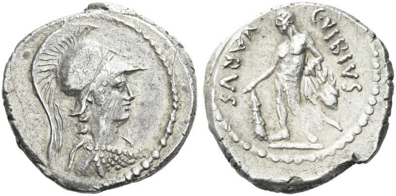 Roman Republic. 
C. Vibius Varus. Denarius 42, AR 3.69 g. Helmeted bust of Mine...