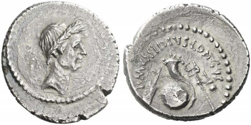 Roman Republic. 
L. Mussidius Longus. Denarius 42, AR 3.43 g. Laureate head of ...