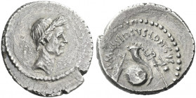 Roman Republic. 
L. Mussidius Longus. Denarius 42, AR 3.43 g. Laureate head of Caesar r. Rev. L·MVSSIDIVS·LONGVS Rudder, cornucopia on globe, caduceu...
