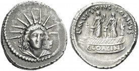 Roman Republic. 
L. Mussidius T. f. Longus. Denarius 42, AR 3.67 g. Radiate and draped bust of Sol facing three-quarters r. Rev. L·MVSSIDIVS· LONGVS ...