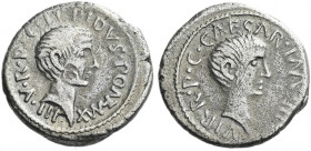 Roman Republic. 
M. Aemilius Lepidus and C. Caesar Octavianus. Denarius, Italy 42, AR 3.91 g. LEPIDVS·PONT·MAX – III·V·R·P·C Bare head of M. Lepidus ...