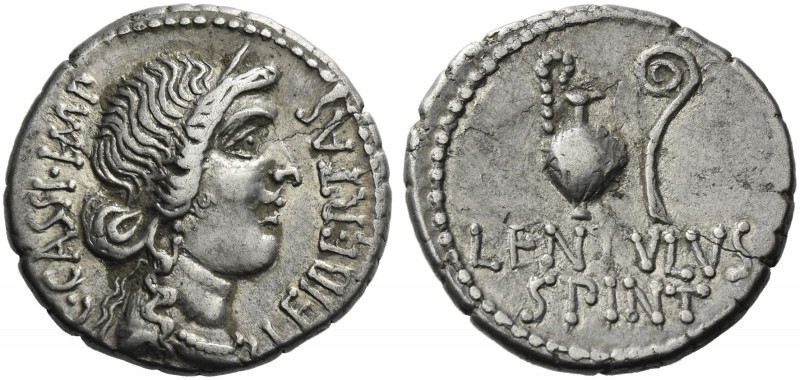 Roman Republic. 
C. Cassius and Lentulus Spinther. Denarius, mint moving with B...