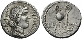 Roman Republic. 
C. Cassius and Lentulus Spinther. Denarius, mint moving with Brutus and Cassius 43-42, AR 3.68 g. C·CASSI·IMP – LEIBERTAS Diademed h...