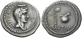 Roman Republic. 
M. Iunius Brutus and L. Plaetorius Caestianus. Denarius, mint moving with Brutus 43-42, AR 3.70 g. L·PLAET.CEST Laureate, draped and...