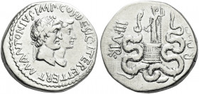 Roman Republic. 
Marcus Antonius and Octavia. Cistophoric tetradrachm, Ephesus (?) 39, AR 11.97 g. M·ANTONIVS·IMP ·COS· DESIG·ITER ET·TERT Jugate bus...