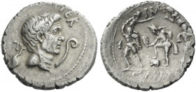 Roman Republic.
Sextus Pompeius. Denarius, Sicily 37-36, AR 3.74 g. [MAG·PIVS·IMP·]ITER Head of Cn. Pompeius Magnus r.; behind, jug and before, lituu...