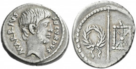 Roman Republic. 
M. Arrius Secundus. Denarius 43, AR 3.70 g. M·ARRIVS – SECVNDVS Male head r., with slight beard. Rev. Hasta pura between wreath and ...