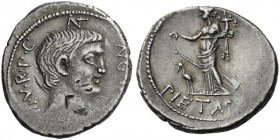 Roman Republic. 
Marcus Antonius. Denarius, mint moving with M. Antonius 41, AR 3.79 g. ANT – AVG [IMP] – III V R P C Head of M. Antonius r. Rev. For...