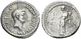 Roman Republic. 
Marcus Antonius. Denarius, mint moving with M. Antonius 41, AR 3.68 g. M·ANTONIVS·IMP ·III·VIR·R·P·C· Head of M. Antonius r.; behind...