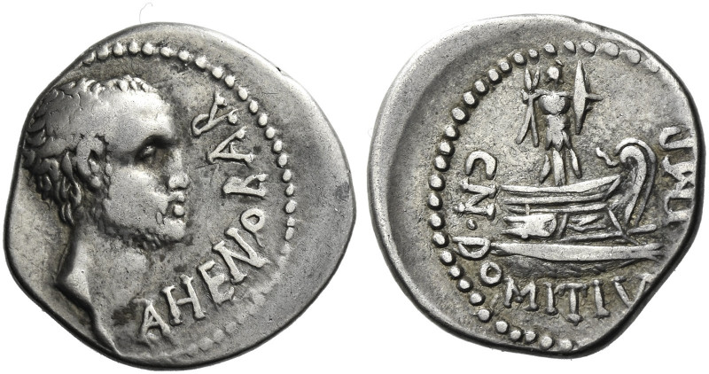 Roman Republic. 
Cn. Domitius Ahenobarbus. Denarius, mint moving with Ahenobarb...