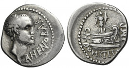 Roman Republic. 
Cn. Domitius Ahenobarbus. Denarius, mint moving with Ahenobarbus in 41, AR 3.78 g. AHENOBAR Male head r., slightly bearded. Rev. CN·...