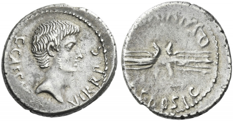 Roman Republic. 
C. Caesar Octavianus and Q. Salvius. Denarius, mint moving wit...