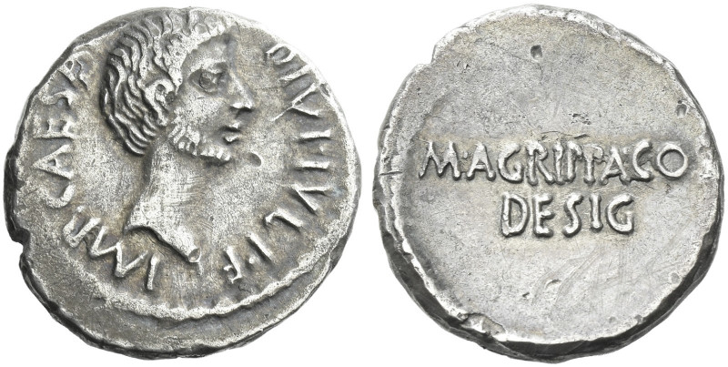 Roman Republic. 
C. Caesar Octavianus and M. Agrippa. Denarius, mint moving wit...