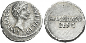 Roman Republic. 
C. Caesar Octavianus and M. Agrippa. Denarius, mint moving with Octavian 38, AR 3.75 g. IMP CAESA[R] – DIVI·IVLI·F Bearded head of O...