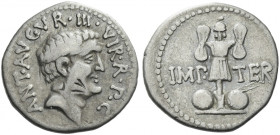 Roman Republic. 
Marcus Antonius. Denarius, mint moving with M. Antonius 37, AR 3.60 g. ANT AVG·VR III·VIR·R·P·C Head of M. Antonius r. Rev. IMP – TE...