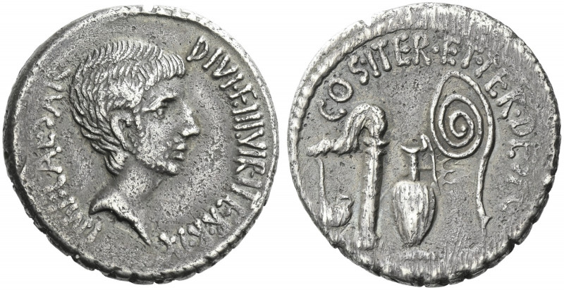 Roman Republic.
C. Caesar Octavianus. Denarius, mint moving with Octavianus 37,...