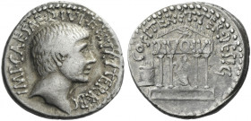 Roman Republic. 
C. Caesar Octavianus. Denarius, mint moving with Octavianus 36, AR 3.93 g. IMP·CAESAR·DIVI·F·III· VIR·ITER·R·P·C Head of Octavianus ...