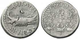 Roman Republic. 
Marcus Antonius. Denarius, mint moving with M. Antonius 32-31, AR 3.57 g. ANT AVG – III·VIR·R·P·C Galley r., with sceptre tied with ...