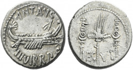 Roman Republic. 
Marcus Antonius. Denarius, mint moving with M. Antonius 32-31, AR 3.74 g. ANT AVG – III·VIR·R·P·C Galley r., with sceptre tied with ...