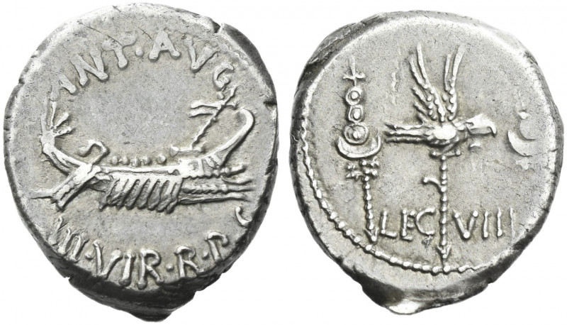 Roman Republic. 
Marcus Antonius. Denarius, mint moving with M. Antonius 32-31,...