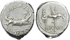 Roman Republic. 
Marcus Antonius. Denarius, mint moving with M. Antonius 32-31, AR 3.71 g. ANT AVG – III·VIR·R·P·C Galley r., with sceptre tied with ...