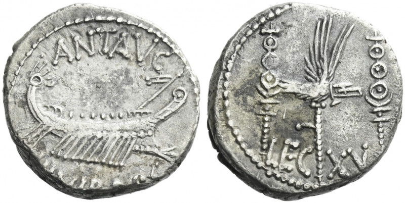 Roman Republic. 
Marcus Antonius. Denarius, mint moving with M. Antonius 32-31,...