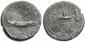 Roman Republic. 
Marcus Antonius. Denarius, mint moving with M. Antonius 32-31, AR 3.68 g. ANT AVG - III·VIR·R·P·C Galley r., with sceptre tied with ...