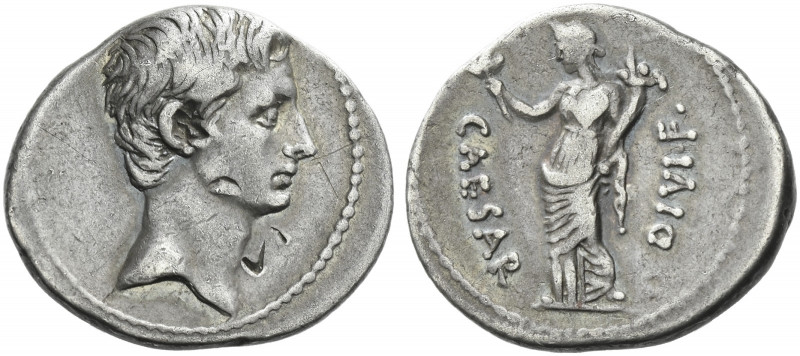Roman Empire. Octavian, 32 – 27 BC. 
Denarius, Brundisium or Roma 32-29 BC, AR ...