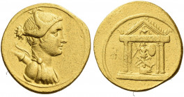 Roman Empire. Octavian, 32 – 27 BC. 
Aureus, Brundisium or Roma 29-27 BC, AV 7.37 g. Draped bust of Diana r., with bow and quiver over l. shoulder. R...