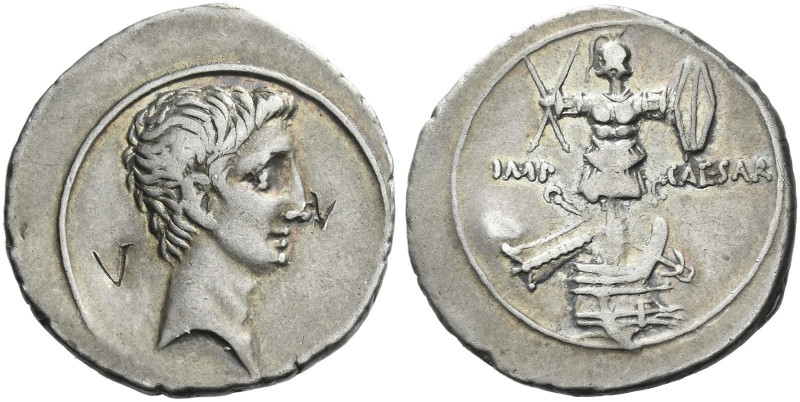 Roman Empire. Octavian, 32 – 27 BC. 
Denarius, Brundisium and Roma (?) circa 29...