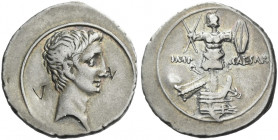 Roman Empire. Octavian, 32 – 27 BC. 
Denarius, Brundisium and Roma (?) circa 29-27 BC, AR 3.58 g. Bare head r. Rev. IMP – CAESAR Military trophy, its...