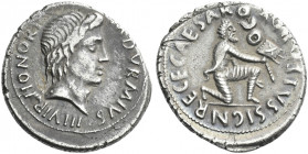 Roman Empire. Octavian as Augustus, 27 BC – 14 AD. 
M. Durmius. Denarius 19 BC, AR 3.93 g. M DVRMIVS – III VIR HONORI Head of Honos r. Rev. CAESAR – ...