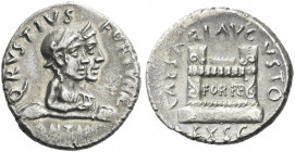 Roman Empire. Octavian as Augustus, 27 BC – 14 AD. 
Q. Rustius. Denarius circa 19 BC, AR 3.73 g. Q·RVSTIVS – FORTVNAE Jugate busts r. of Fortuna Vict...