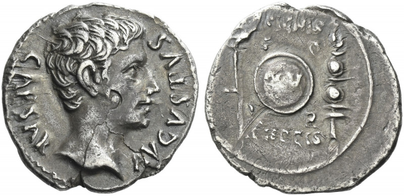 Roman Empire. Octavian as Augustus, 27 BC – 14 AD. 
Denarius, Colonia Patricia ...
