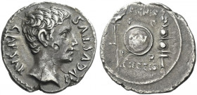 Roman Empire. Octavian as Augustus, 27 BC – 14 AD. 
Denarius, Colonia Patricia (?) circa 19 BC, AR 3.56 g. CAESAR – AVGVSTVS Bare head r. Rev. SIGNIS...