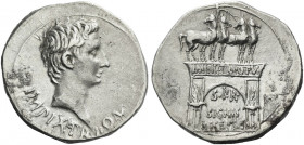 Roman Empire. Octavian as Augustus, 27 BC – 14 AD. 
Cistophoric tetradrachm, Pergamum circa 19-18, AR 12.01 g. IMP IX TR PO V Bare head r. Rev. Trium...