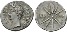 Roman Empire. Octavian as Augustus, 27 BC – 14 AD. 
Denarius, Caesaraugusta 19-18 BC, AR 3.77 g. CAESAR – AVGVSTVS Oak-wreathed head l. Rev. DIVVS – ...
