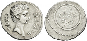 Roman Empire. Octavian as Augustus, 27 BC – 14 AD. 
Denarius, Caesaraugusta circa 19-18 BC, AR 3.65 g. CAESAR – AVGVSTVS Bare head r. Rev. Round shie...