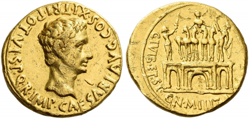 Roman Empire. Octavian as Augustus, 27 BC – 14 AD. 
Aureus, Colonia Patricia (?...