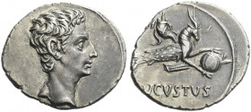 Roman Empire. Octavian as Augustus, 27 BC – 14 AD. 
Denarius, Colonia Patricia (?) circa 18-17/16 BC, AR 3.80 g. Bare head r. Rev. Capricorn r., hold...