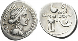 Roman Empire. Octavian as Augustus, 27 BC – 14 AD. 
C. Antistius Vetus. Denarius circa 16 BC, AR 3.91 g. C.ANTISTIVS – VETVS III VIR Diademed bust of...