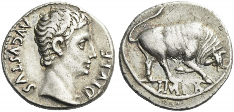 Roman Empire. Octavian as Augustus, 27 BC – 14 AD. 
Denarius, Lugdunum 15-13 BC...
