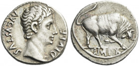 Roman Empire. Octavian as Augustus, 27 BC – 14 AD. 
Denarius, Lugdunum 15-13 BC, AR 3.69 g. AVGVSTVS – DIVI F Bare head r. Rev. Bull butting r. In ex...